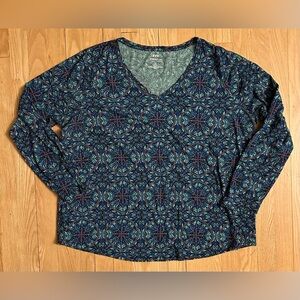 EVRI Teal Patterned V-Neck Long-Sleeved Pullover Top, Women’s Size 1X